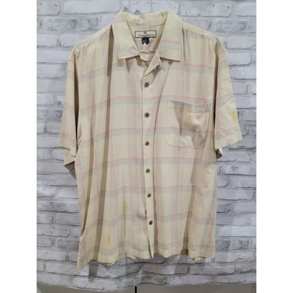 Tommy Bahama Men Large 100% Silk Yellow Orange Check Pineapple Patchs Buttons